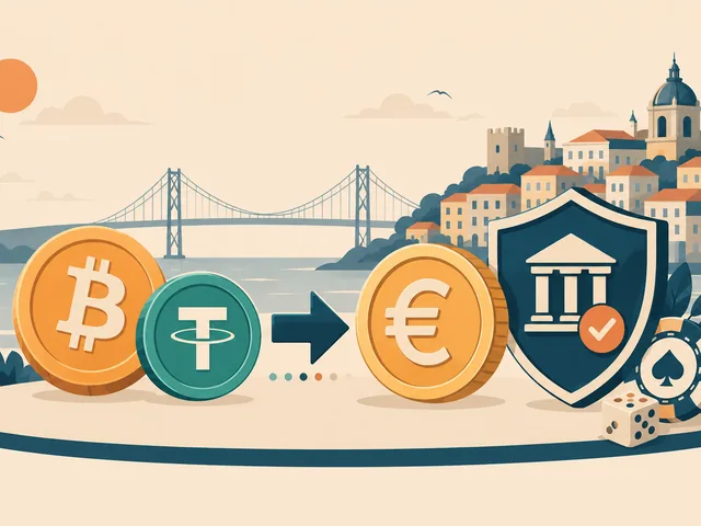 Ilustracao editorial sobre criptomoedas em casinos online em Portugal: moedas Bitcoin e USDT, conversao para euros e estado de licenca SRIJ vs offshore.