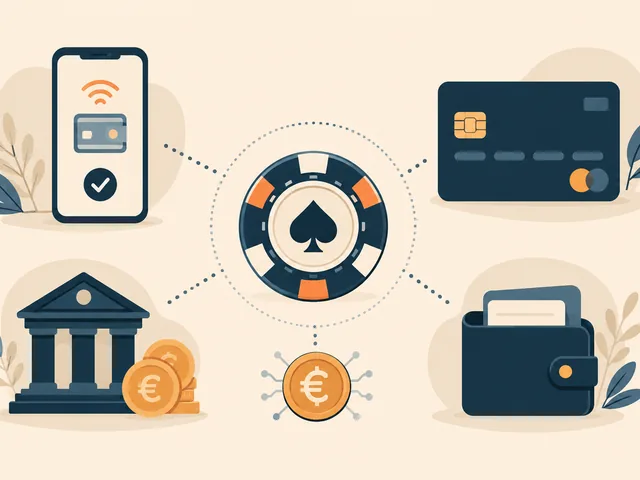 Ilustracao editorial dos metodos de pagamento em casinos online em Portugal: MB WAY, Multibanco, transferencia bancaria, cartao, e-wallet e criptomoeda.