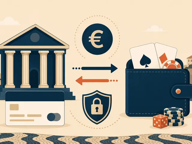 Ilustracao editorial sobre transferencia bancaria em casinos online: fluxo SEPA entre a conta de jogo e o IBAN do jogador em Portugal.