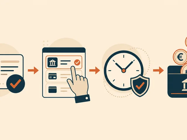 Diagrama horizontal dos 4 passos para levantar de um casino por transferencia bancaria: KYC, escolher transferencia, processamento de seguranca e credito SEPA na conta.